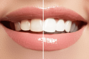 side by side image of a smile before and after a whitening treatment cosmetic dentistry dentist in Columbia South Carolina